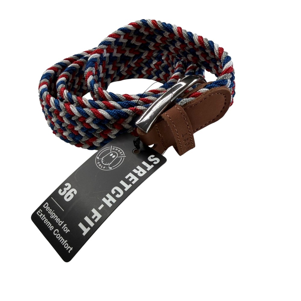 GHOST GOLF Belt Red White Blue Braided Elastic Men's Size 36 NWT Americana